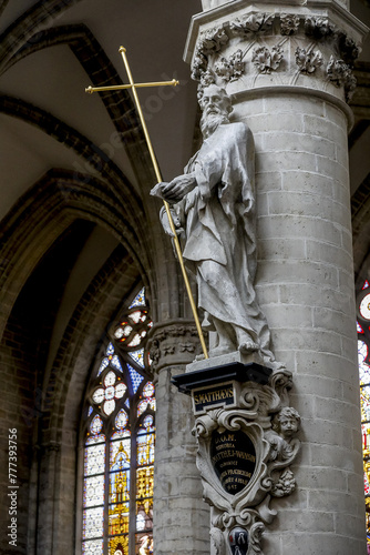 Saints Michael & Gudule cathedral, Brussels, Belgium..Saint Matthew statue photo