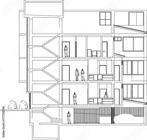 vector design sketch illustration, architectural engineering drawing, detailed structural section, Luxury Apartment Building Project 