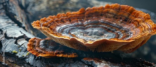 Ganoderma lucidum growing on wood, high contrast, macro shot, showcasing intricate details photo