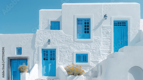 Beautiful Santorinistyle architecture, white and blue building exterior photo