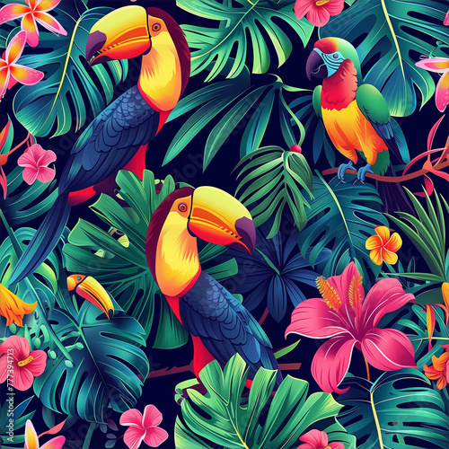 A tropical scene with three birds and a flower © BetterPhoto