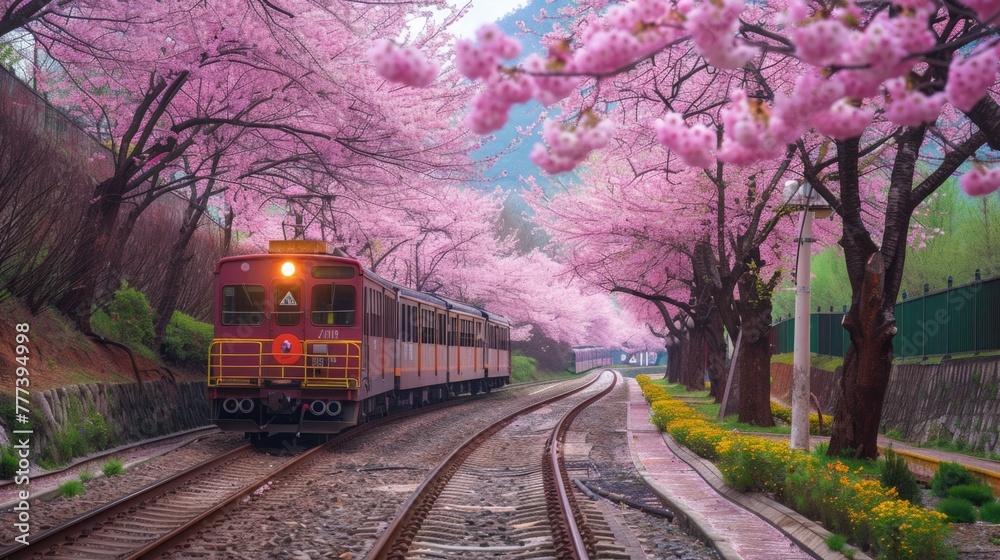 Train passing through a blossoming springtime landscape.