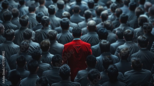 HR headhunting, crowd of whitetied businessmen with one in red, leadership choice photo