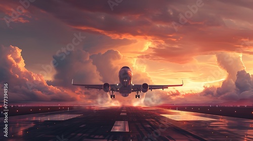a captivating AI illustration portraying the moment of an airplane's landing on a runway, using post-production enhancements to add a cinematic touch and elevate the overall aesthetics attractive look