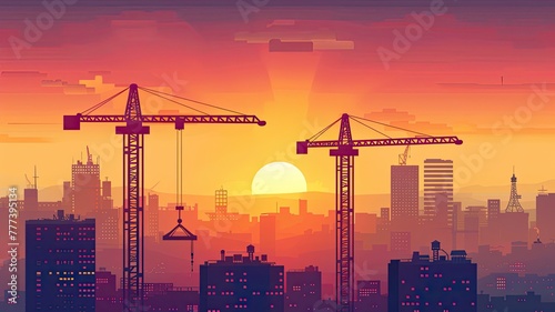 Tower cranes at construction site against city skyline at sunset, casting striking shadows.
