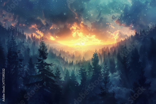 The horizon of a sprawling forest with the mesmerizing sight of Earth rising  creating a scene of ethereal beauty