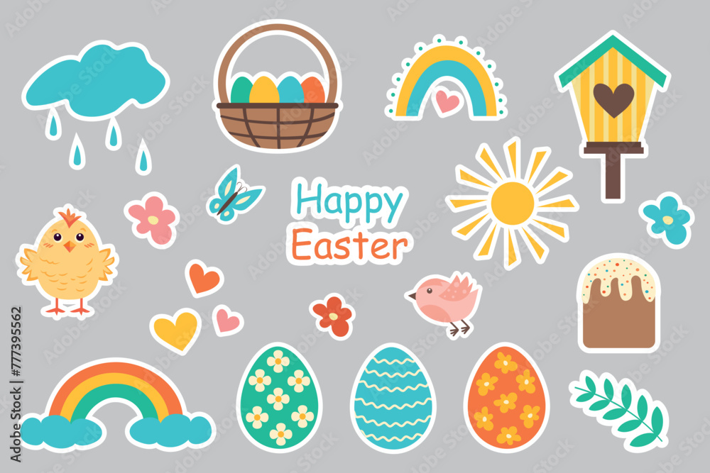 A set of Easter stickers with chickens, eggs, flowers, a rainbow and the inscription Happy Easter. Vector illustration for print