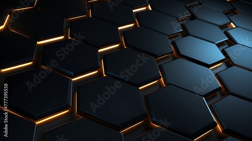 3d rendering of abstract metallic hexagonal background with blue glowing lights