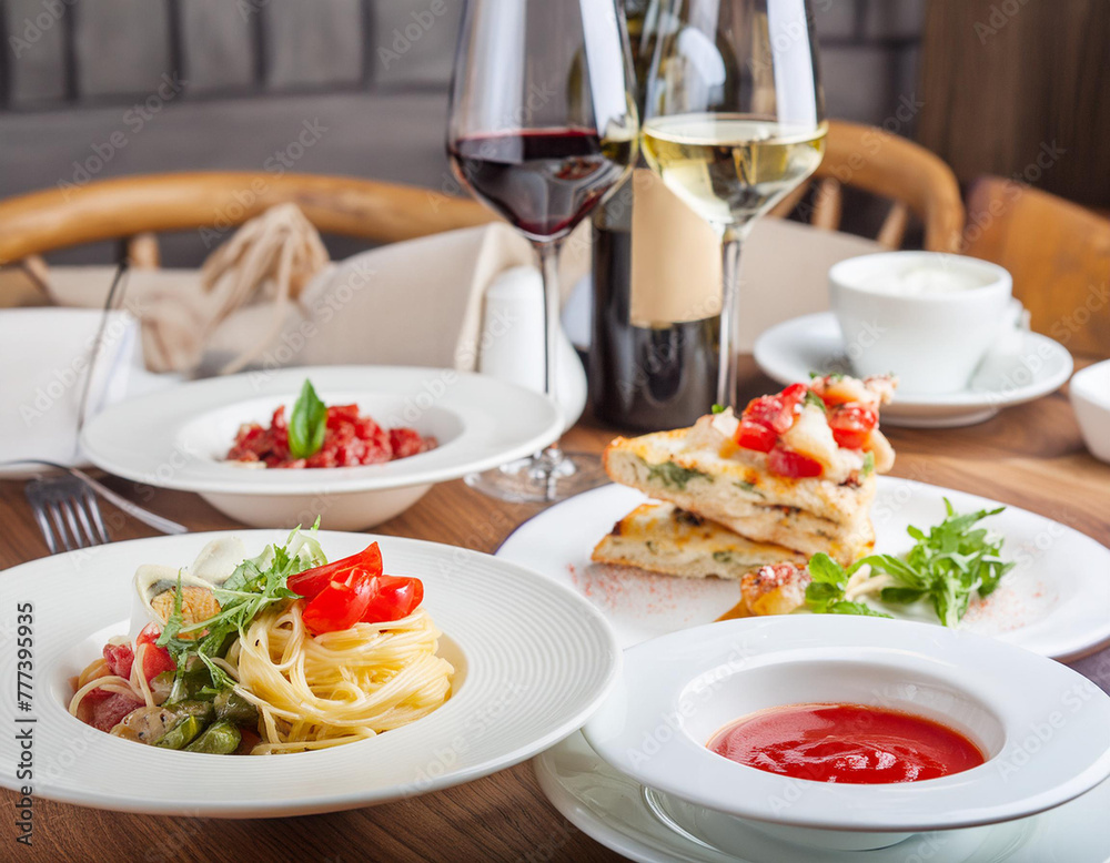 レストランのテーブルに並んだ料理とワイン、イタリアン レストランのテーブルに並んだ料理とワイン、イタリアン