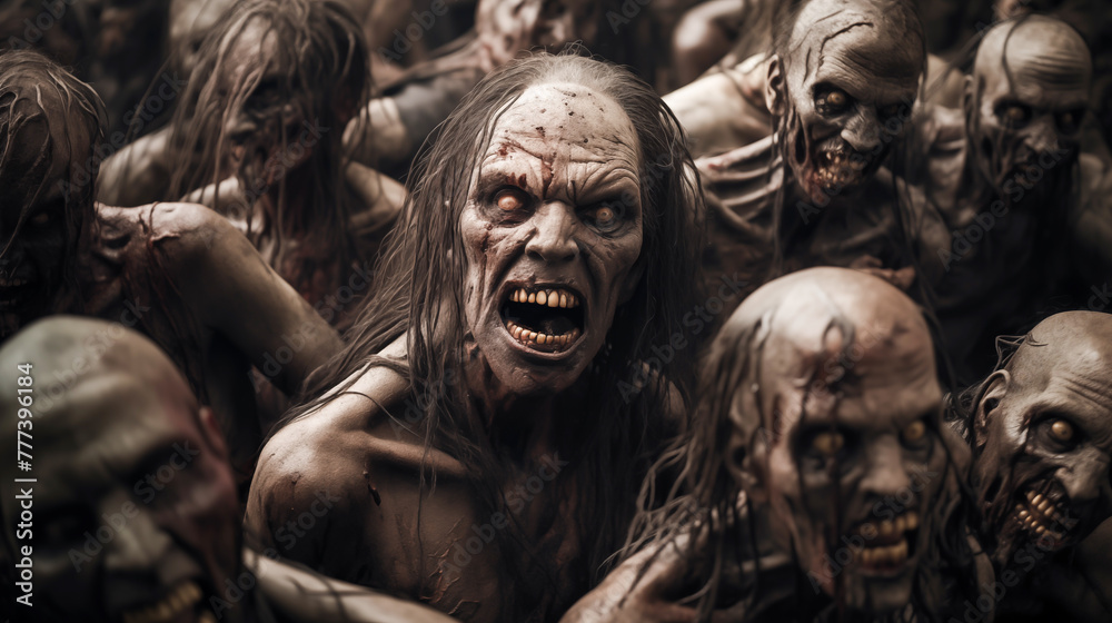 Fototapeta premium Hordes of undead, Zombie walking in the abandoned town, Beginning of the zombie apocalypse, Zombie crowd walking