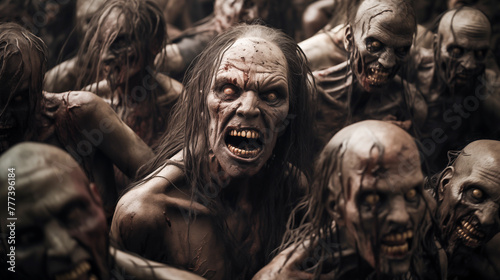 Hordes of undead, Zombie walking in the abandoned town, Beginning of the zombie apocalypse, Zombie crowd walking