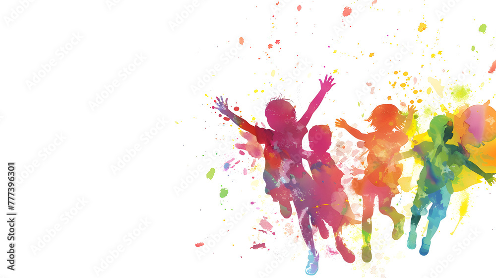 Abstract Happy children in watercolor style colorful splash on the white background.