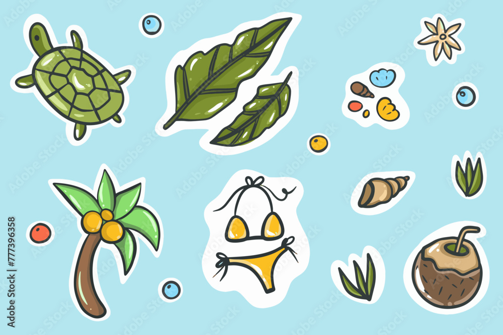 Naklejka premium Set cute summer holiday beach elements. Hello summer cartoon vector