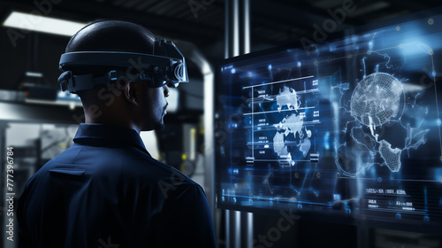 Industrial engineer in safety helmets standing  looking and check on high techno screen monitor computer and machinery. Industry  metaverse machine engine concept  
