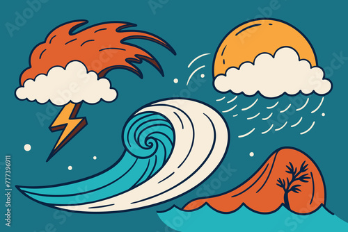 Sea waves sketch. Storm wave, vintage tide and ocean beach storms hand drawn vector illustration