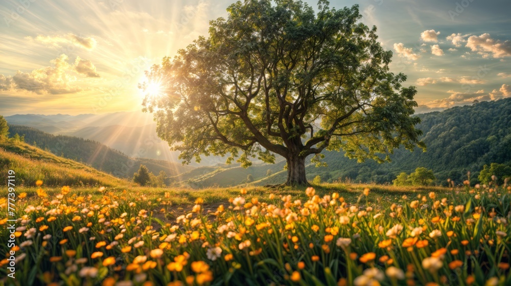 Obraz premium Beautiful summer landscape with blooming meadow and big oak tree