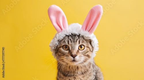 cute kitty with bunny ears sitting on yellow background wearing a bunny costume for happy easter concept and spring holiday fun





