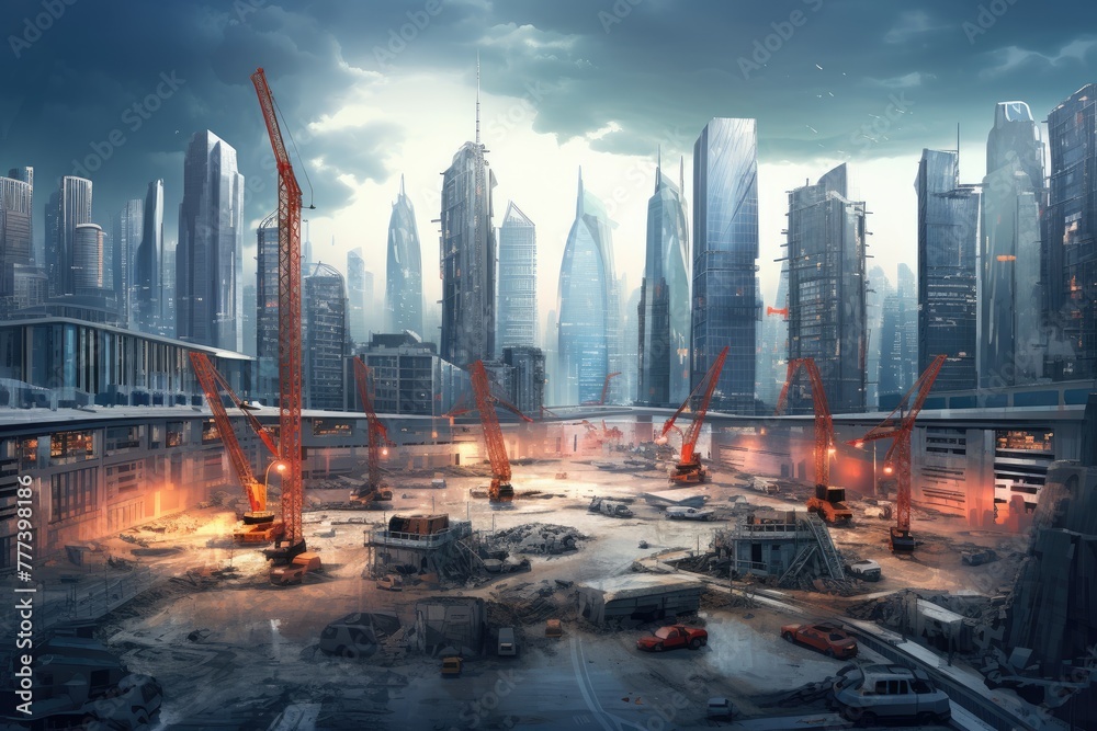 Urban construction area surrounded by skyscrapers, Cranes on the construction site, Ai generated - obrazy, fototapety, plakaty 