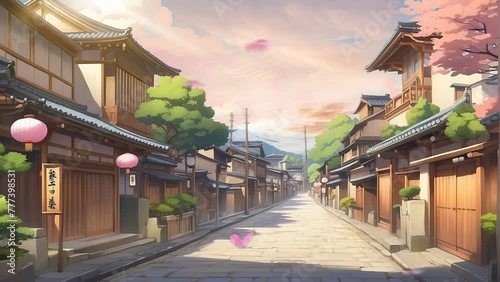 Immerse yourself in the tranquil beauty of a Japanese countryside dwelling, surrounded by picturesque streets and cherry blossoms swaying in the wind, all rendered in stunning anime-style 4k video loo photo