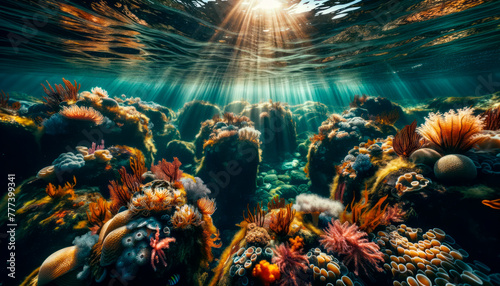 An underwater scene with diverse coral and marine life, vibrant colors, illuminated by sunlight filtering down, evoking the concept of marine biodiversity. Generative AI