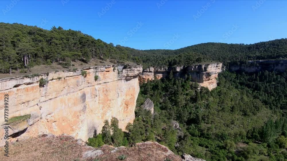 Beautiful panoramic view from the top of a gorge in the Serrania de Cuenca or mountain range, hiking La Raya and El Escaleron trail, in Una, Spain Beautiful panoramic view from the top of a gorge in the Serrania de Cuenca or mountain range, hiking La Raya and El Escaleron trail, in Una, Spain