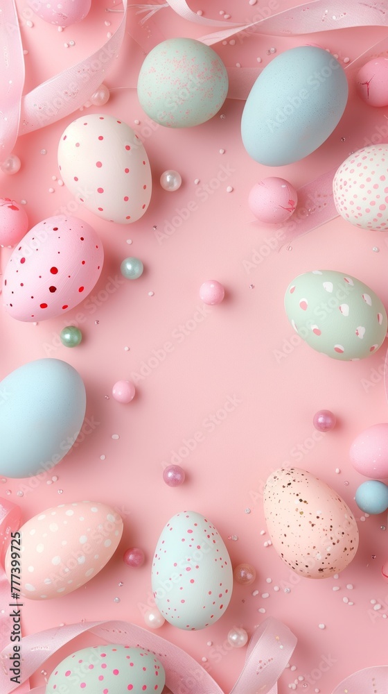 Pastel Easter eggs with decorative elements on pink background