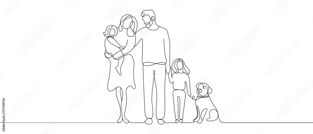 Solid line drawing of a family standing with a dog. One line. Eps10. Vector Solid line drawing of a family standing with a dog. One line. Eps10. Vector