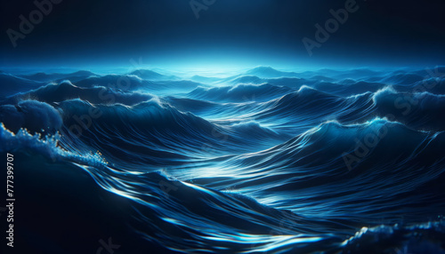 A digital illustration of stylized ocean waves under a dark blue background, depicting a concept of a dynamic, mysterious sea, Generative AI. Generative AI © Who is Danny