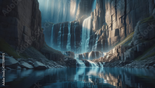 A serene waterfall cascading down rocky cliffs into a tranquil lake, with sunlight filtering through, displaying a concept of nature's beauty. Generative AI