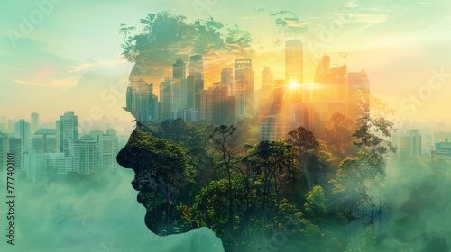a double exposure image depicting a futuristic cityscape blending seamlessly into lush, green landscapes