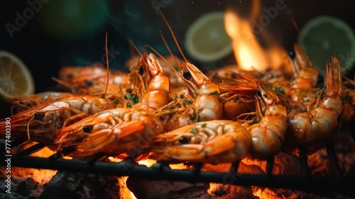 Raw giant river prawn with cheese placed on top of the shrimp for deliciousness grilled on the flaming grill.