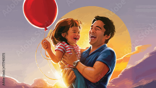 Father and Daughter Enjoying Sunset with Balloon: Royalty-Free Vector Illustration photo