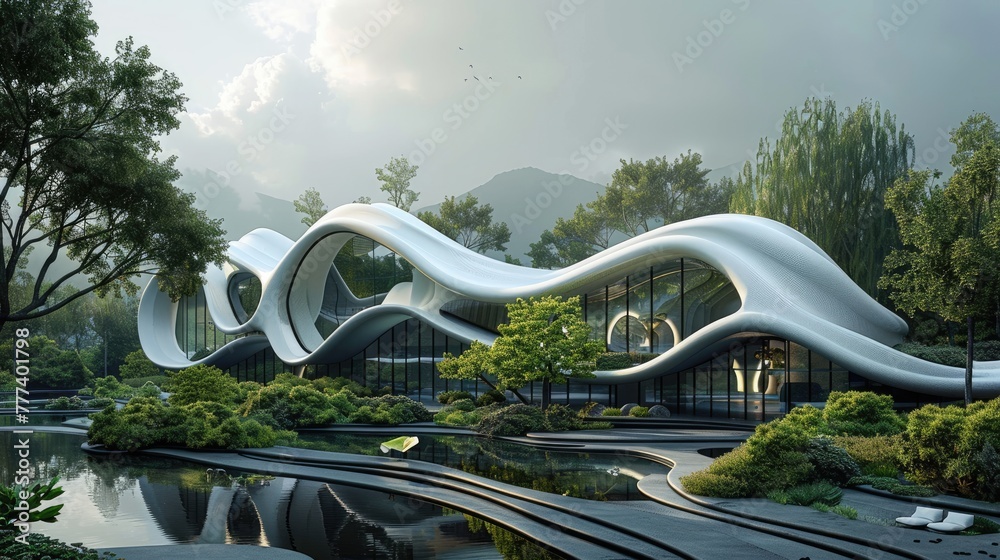 A futuristic museum with an undulating wave-like facade