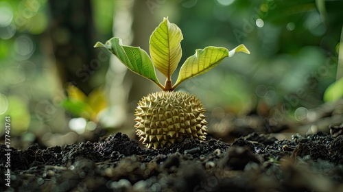 A durian seed germinating with a focus on the beginning of life and growth of the notorious fruit