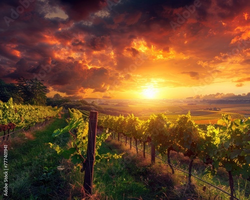 A panoramic sunset view over a vineyard with rows of grapevines stretching into the distance