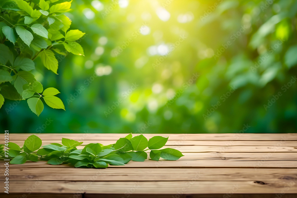 Spring Garden Scene: Lush Greenery, Flowering Branches & Wooden Table Bathed in Sunlight Spring Garden Scene: Lush Greenery, Flowering Branches & Wooden Table Bathed in Sunlight