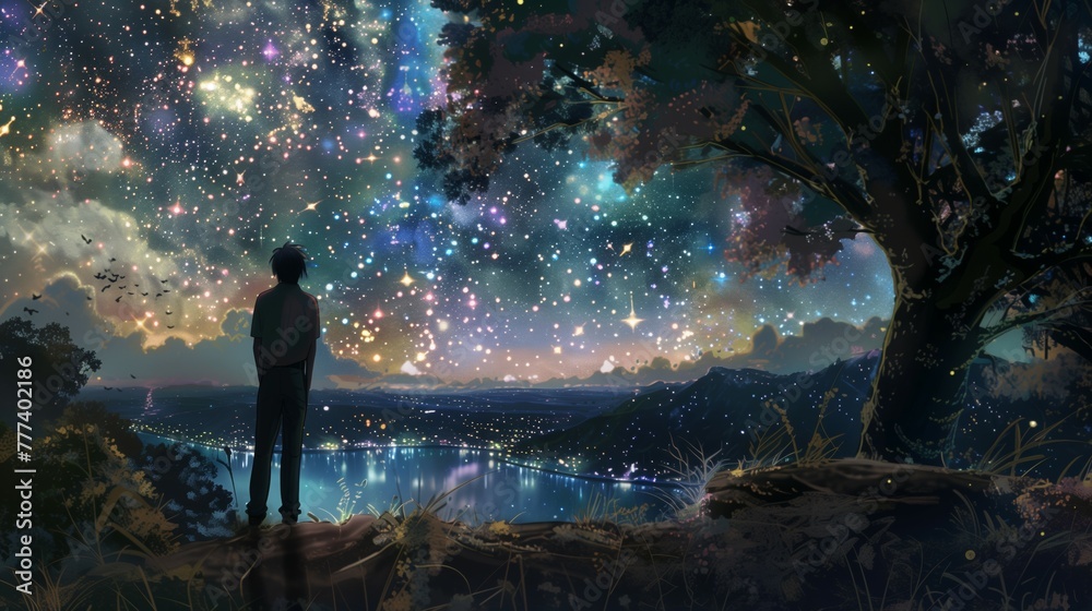 Anime character stands forest's edge looking out sparkling star-filled landscape twilight illustration Anime character stands forest's edge looking out sparkling star-filled landscape twilight illustration