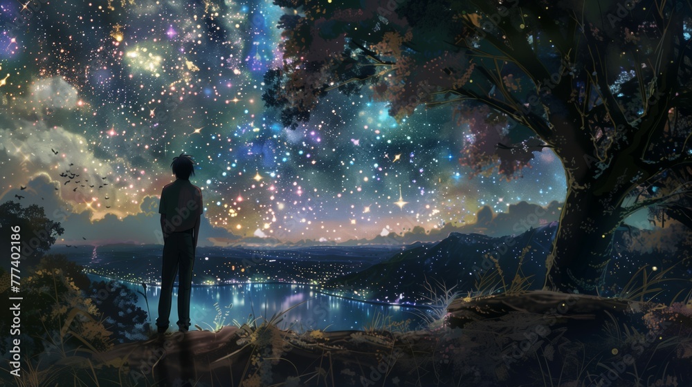 Anime character stands forest's edge looking out sparkling star-filled landscape twilight illustration