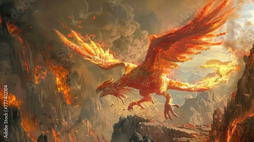A spirited gryphon with a mane of flames executing an exhilarating leap over a volcanic crater