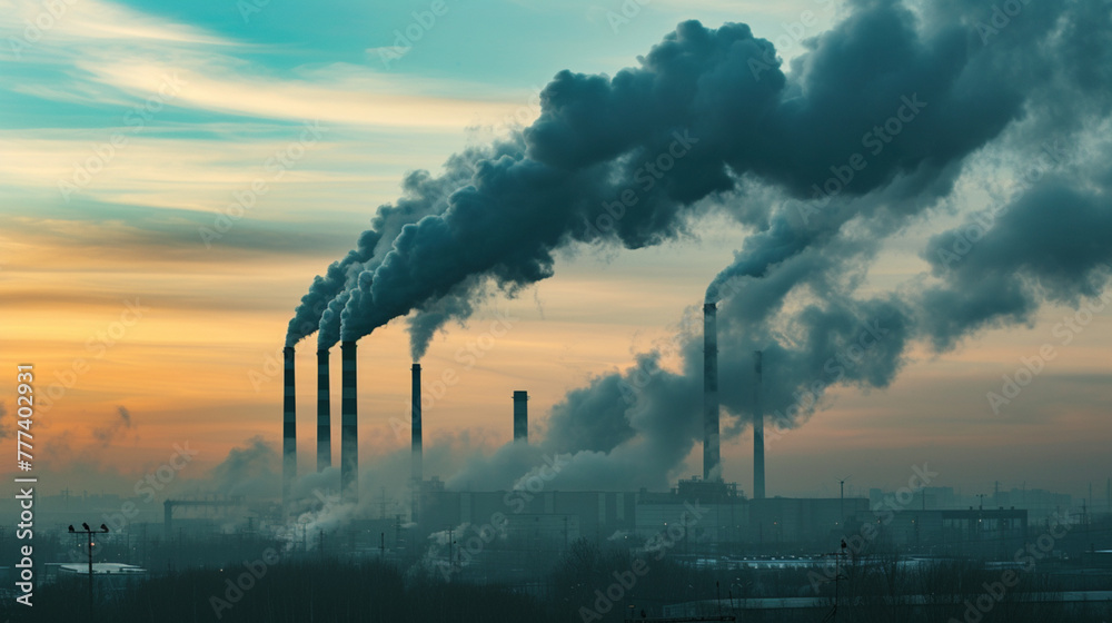 industrial smokestacks emitting dark plumes of pollution into the atmosphere - obrazy, fototapety, plakaty 