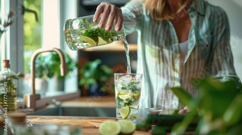 Pouring homemade detox water with lemon, cucumber, and mint in a glass.