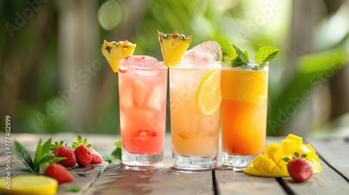 Fruit cocktail drinks with mango, strawberry, and berry garnish.
