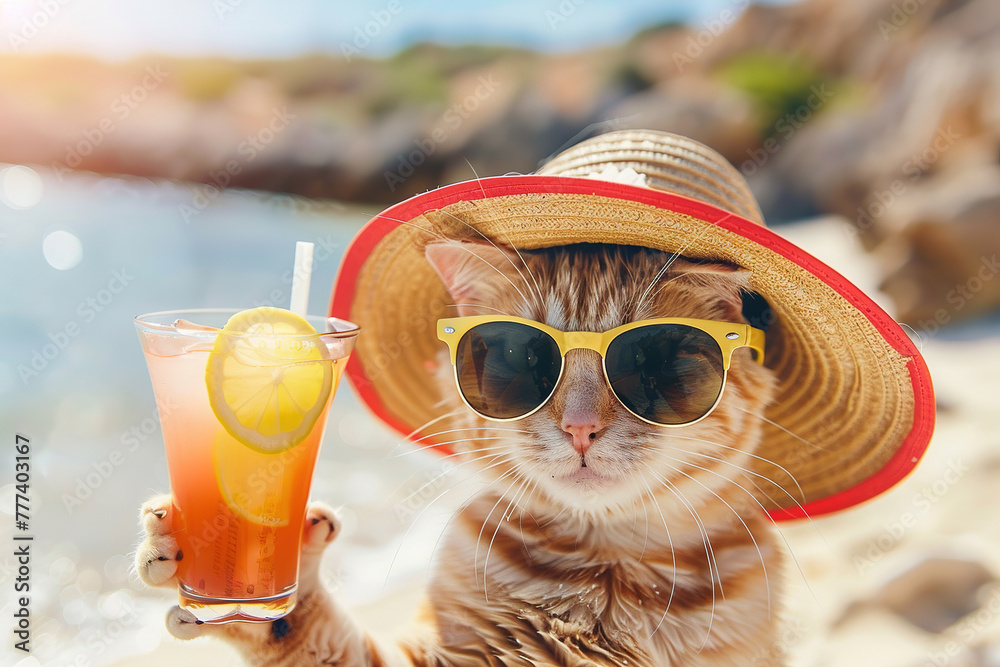 Happy and smiling to cat in a bright summer hat and stylish sunglasses holding a cocktail glass with a tasty drink on the beach, with empty copy space