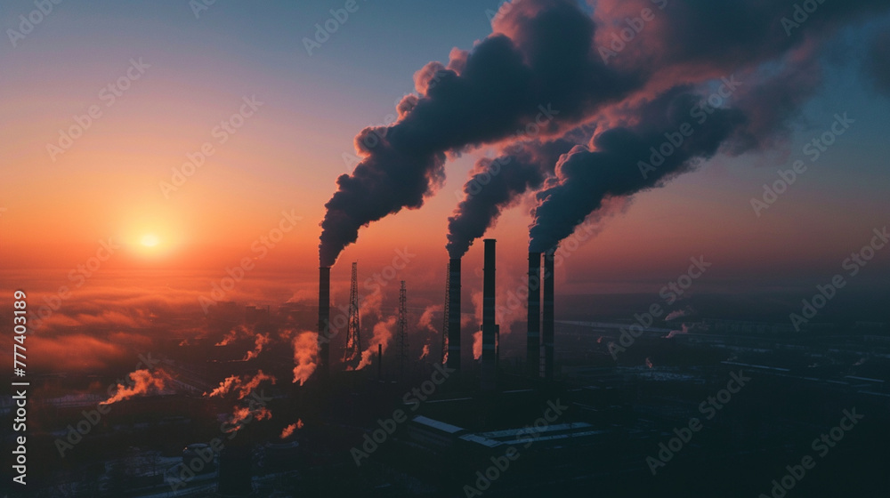 industrial smokestacks emitting dark plumes of pollution into the atmosphere
