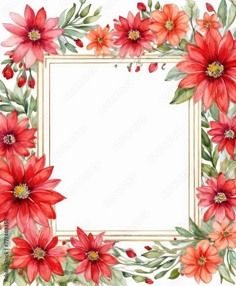 Obraz premium Add a pop of color to your design with our watercolor red floral frame mockup. Vibrant blooms embrace the open space, awaiting your content