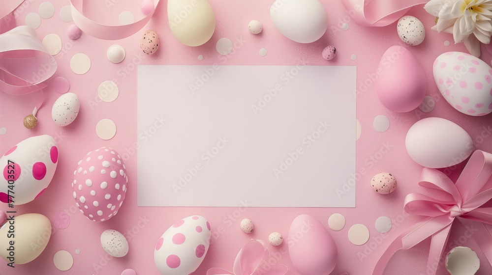 An Easter-themed image with decorated eggs, ribbons, and a blank card.