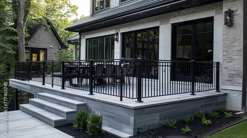 A large house with a black fence and a white railing
