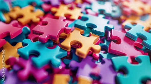 A pile of colorful jigsaw puzzle pieces