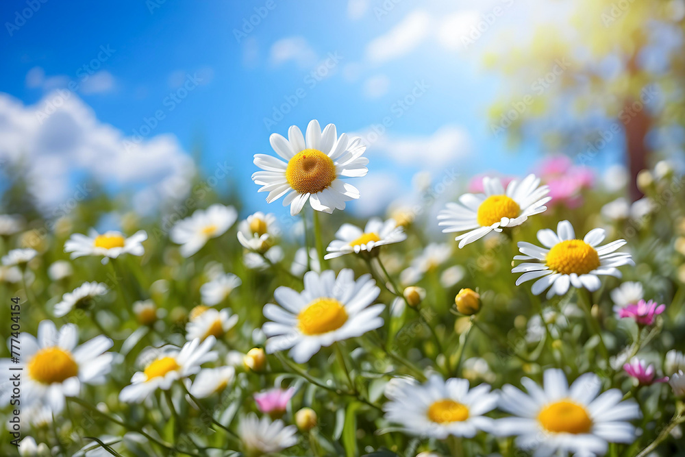 Spring's Vibrant Embrace: A Field of Daisies Blooms Joyfully Amidst Rolling Green Hills in a Picturesque Countryside