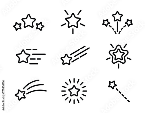 Star line icon set. Sparkle, falling and shooting stars, firework, twinkle, glow, glitter burst vector illustration. Outline flat design element.